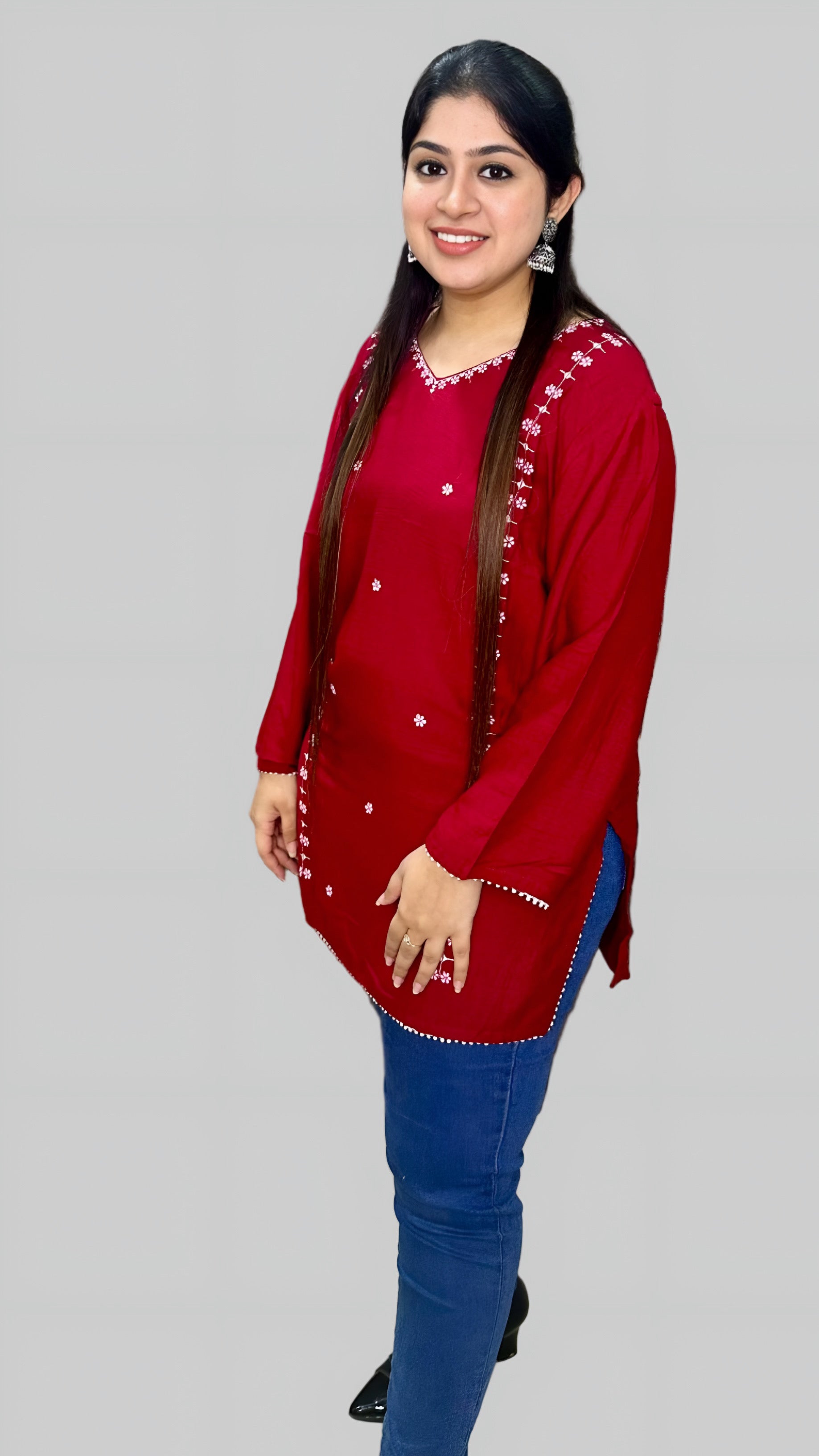 This red kurti crafted from premium Rinkal Rayon fabric offers a perfect blend of comfort and style.