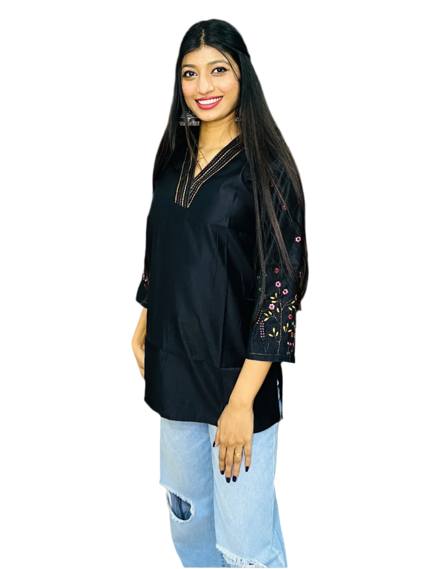 Minimal Black Embroidery Short Kurti