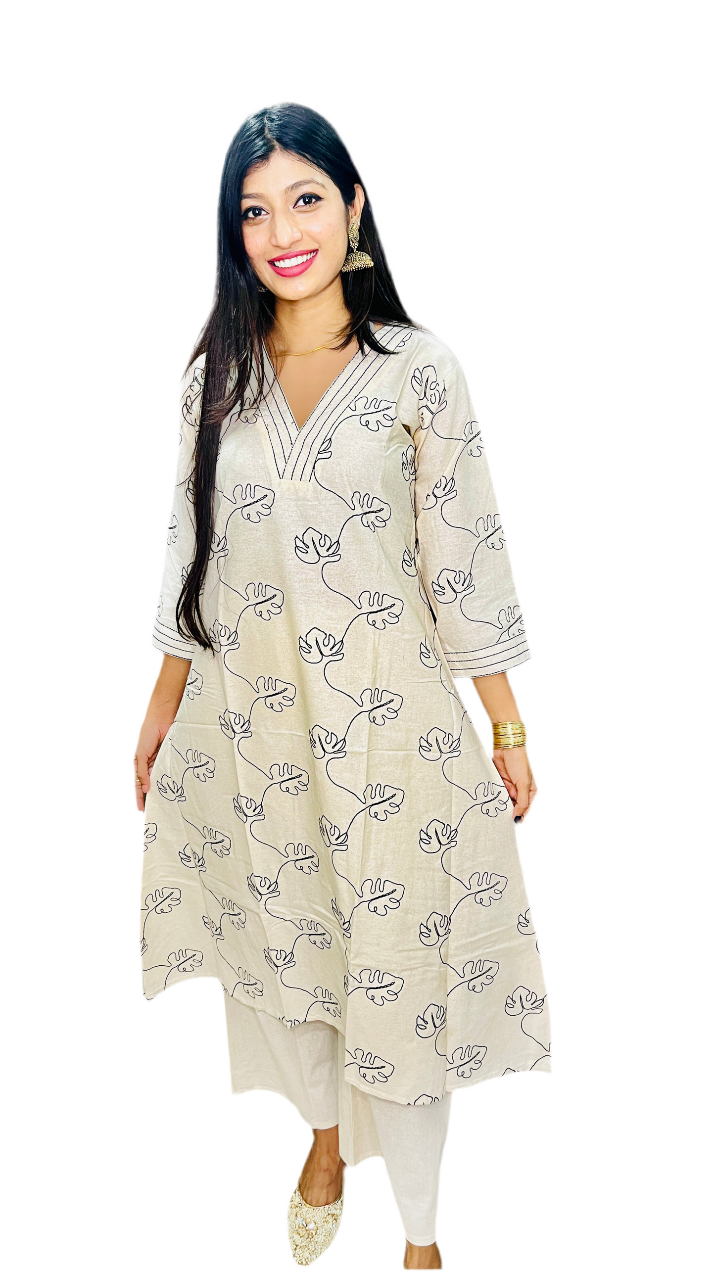 Cream Embroidery Anarkali Kurti Set