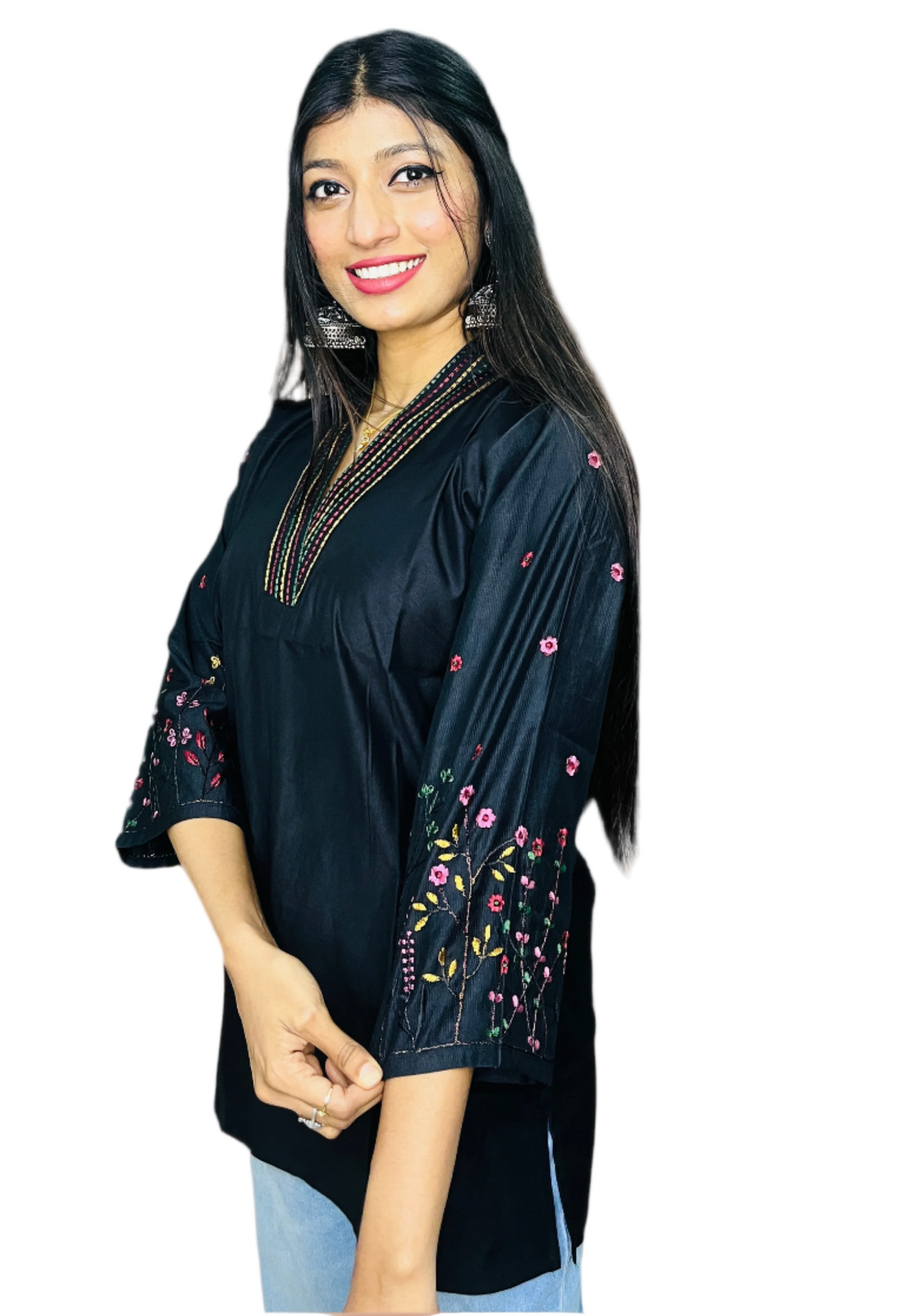 Minimal Black Embroidery Short Kurti