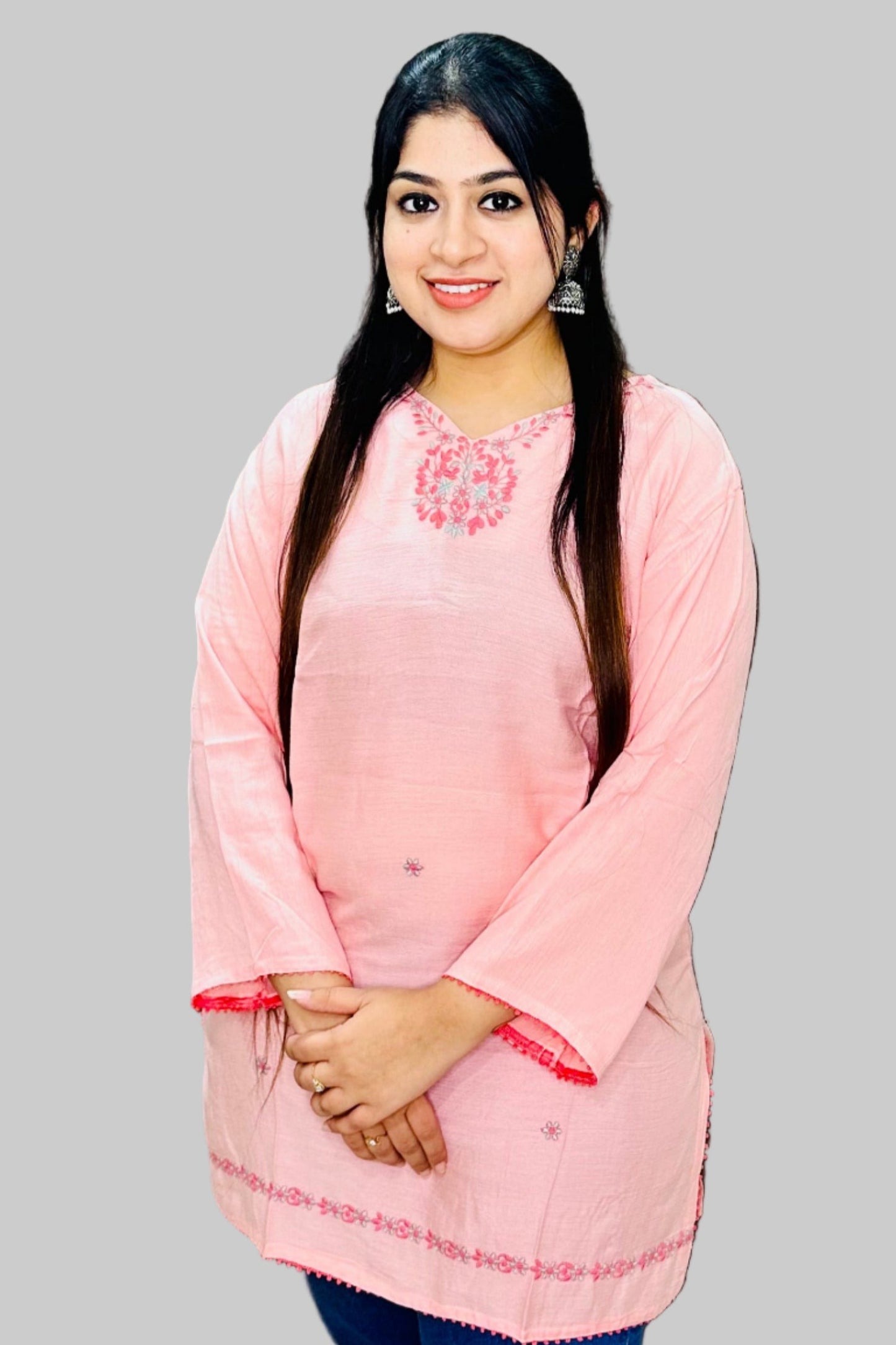This baby pink kurti is crafted from soft, breathable rinkal reyon fabric, ensuring comfort and durability.