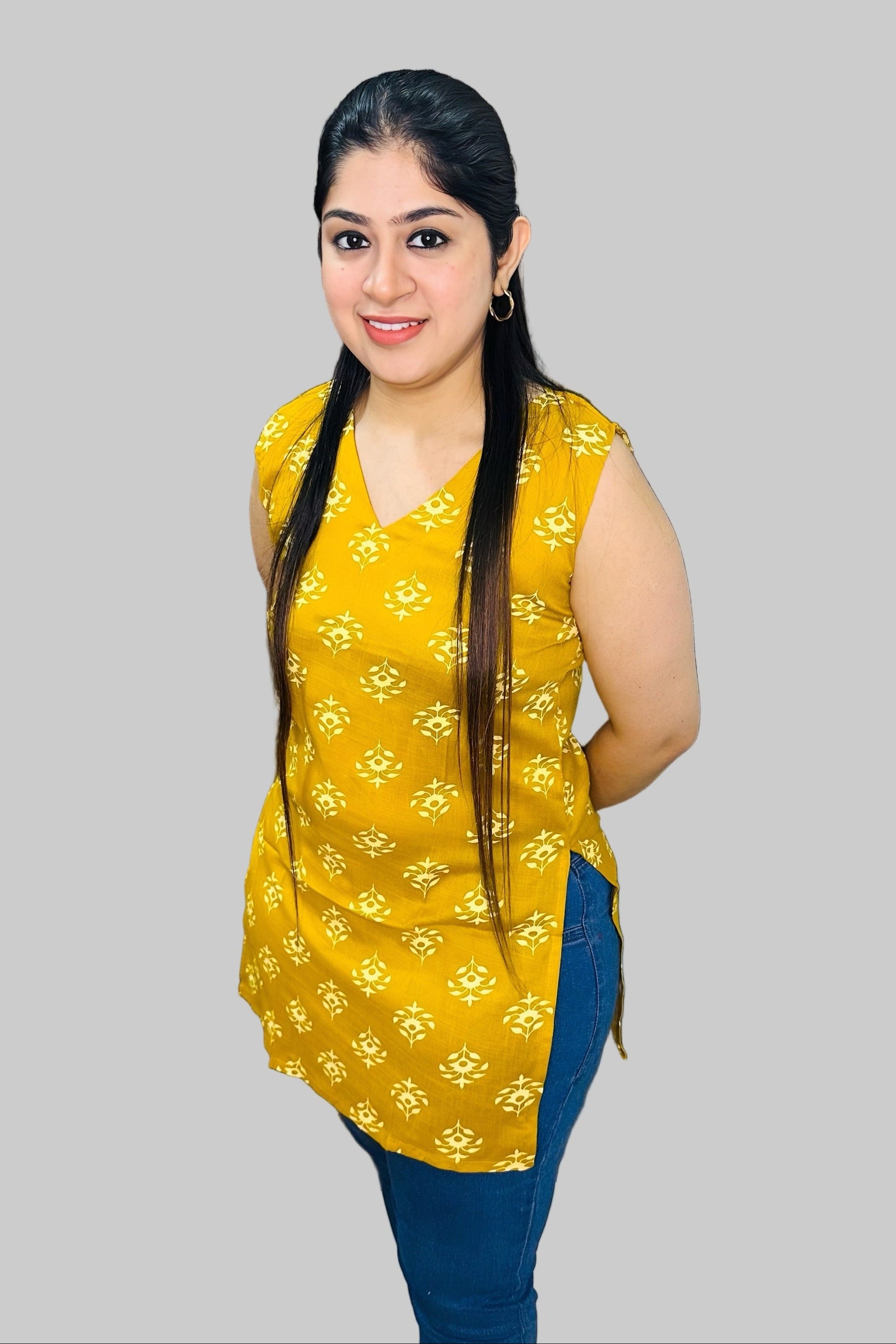 The Amber Muse Kurti is crafted from breathable cotton, making it an ideal choice for both office and casual wear.