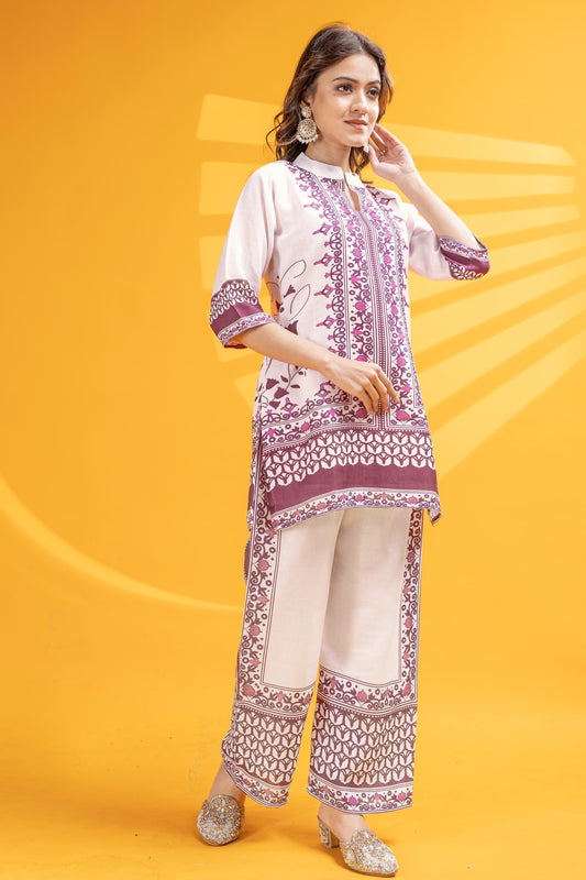 Linen Coord Set (White & Mauve)