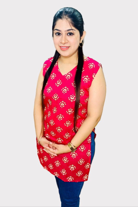 The Pink Bloom kurti combines comfort and style with its sleeveless design crafted from breathable cotton fabric.