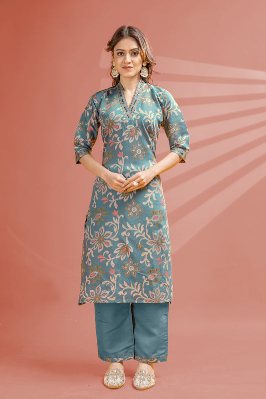 Ocean Bloom Kurti Pant Set