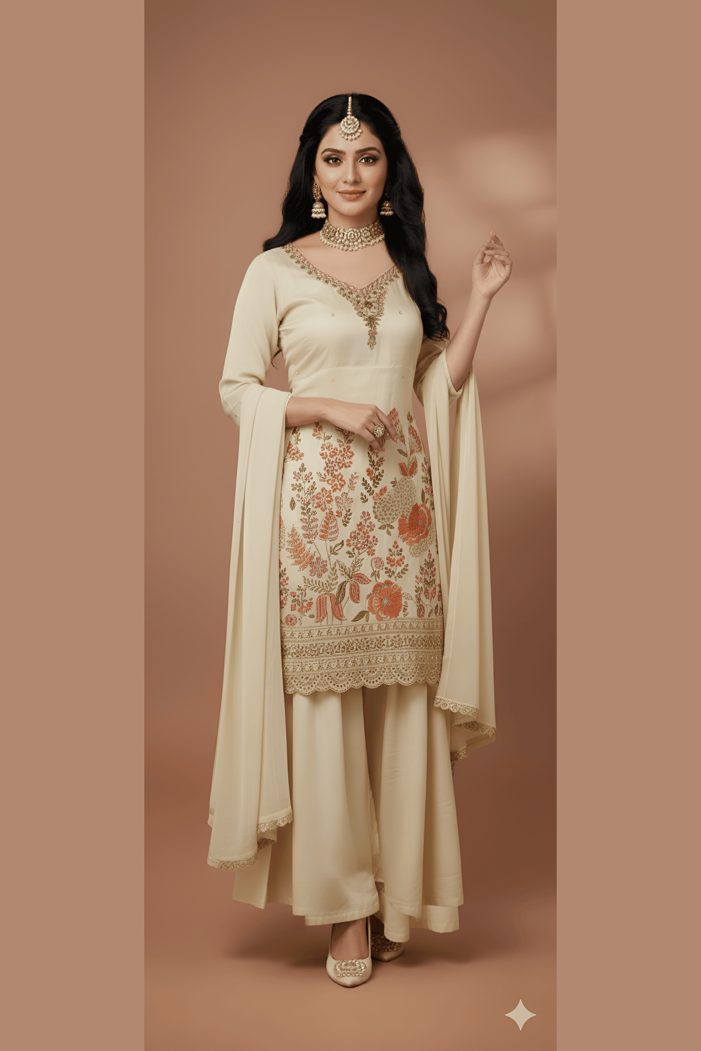 Cream Embroidered Kurta and Palazzo Suit Set