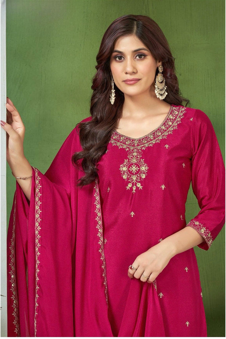 Rani color 3 piece kurta palazzo dupatta set, perfect for festive wear