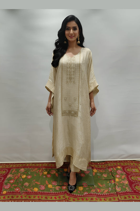 Elegant Cream & Gold Embroidered Kaftan Set