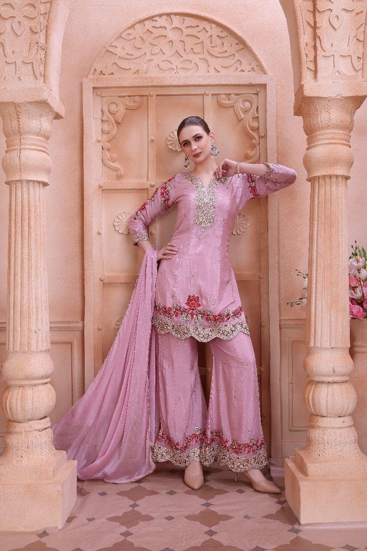 Blush Royale Premium Embellished Kurta, Palazzo & Dupatta Set