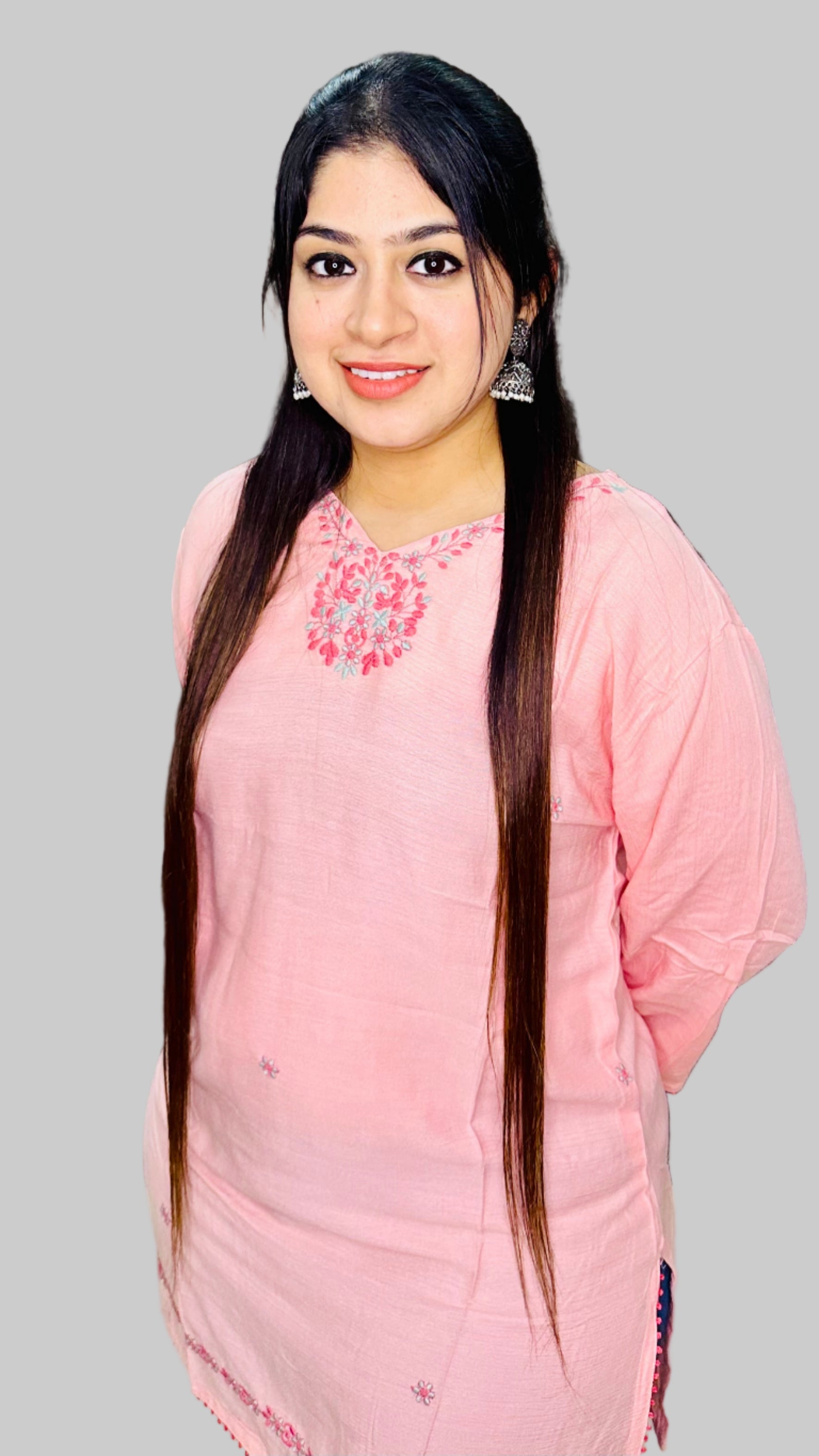 This baby pink kurti is crafted from soft, breathable rinkal reyon fabric, ensuring comfort and durability.