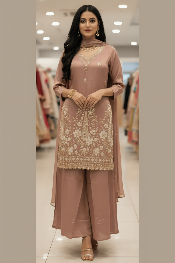 Brown Tissue Embroidered Kurta Palazzo Set