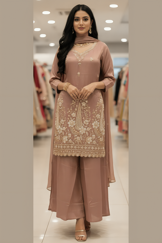 Brown Tissue Embroidered Kurta Palazzo Set