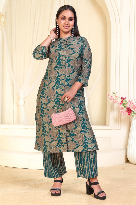 Teal Modal Print Kurti Pant Set