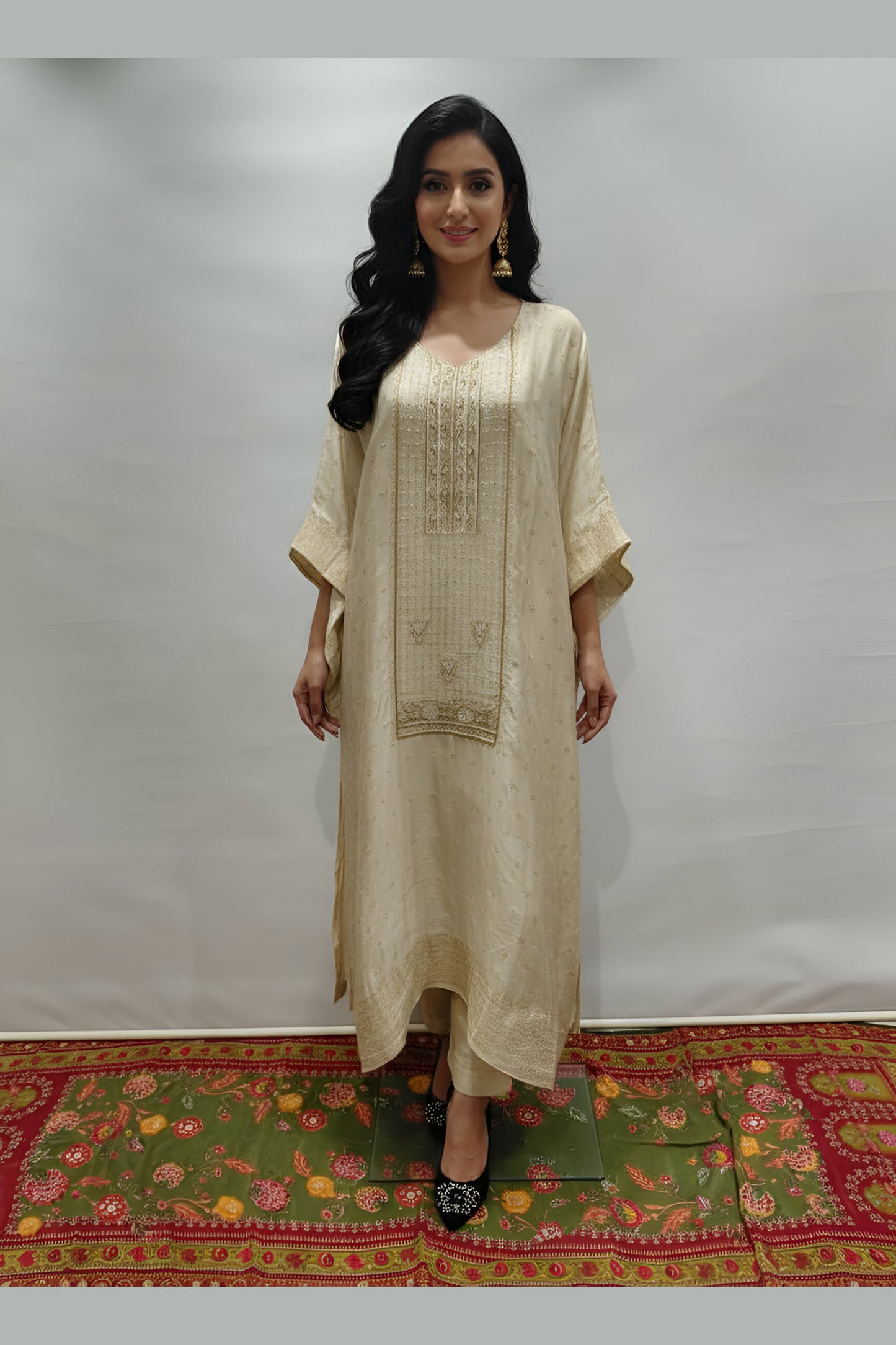 Elegant Cream & Gold Embroidered Kaftan Set