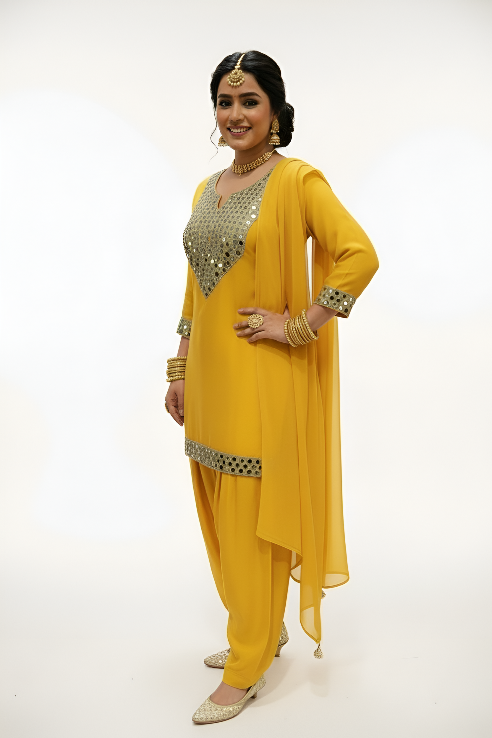 This Mirror Work Patiala Suit in Mustard Glow is crafted from luxurious dola silk, offering both comfort and elegance.