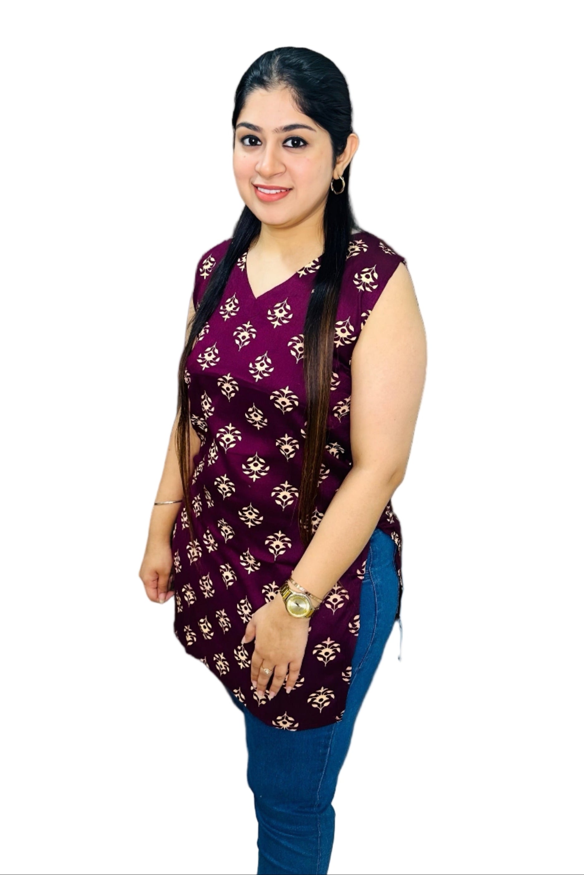 The PurpleHaze Kurti combines breathable cotton fabric with a sleek sleeveless design, making it perfect for both office and casual settings. 