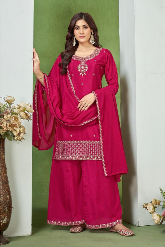 Rani color 3 piece kurta palazzo dupatta set, perfect for festive wear