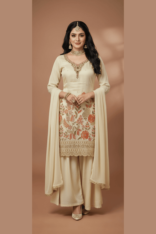 Cream Embroidered Kurta and Palazzo Suit Set